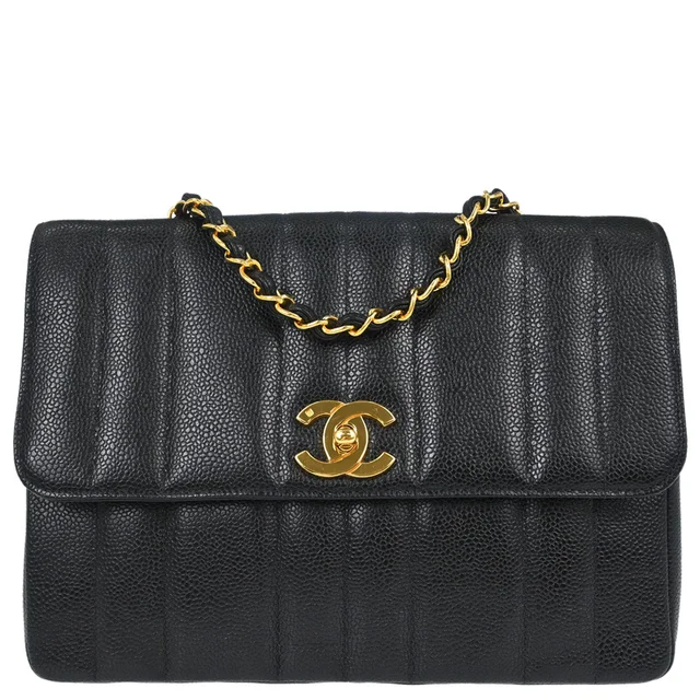 Chanel 1994-1996 Black Caviar Skin Mademoiselle Straight Flap Shoulder Bag in Black Caviar leather from AMORE Vintage Tokyo