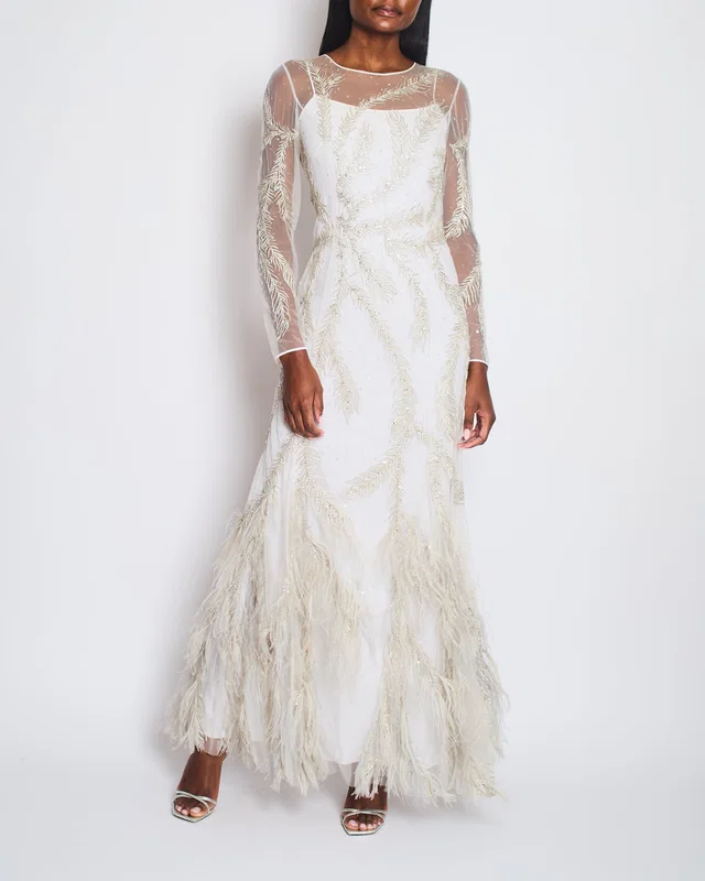 Brunello Cucinelli White Long Sleeve Feather Embellished Gown Size IT 40 (UK 8) in White from Sellier