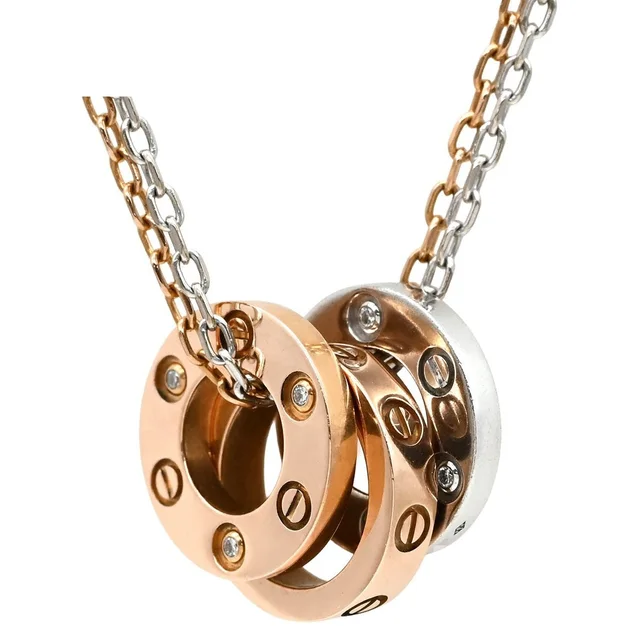 Cartier Necklace Love Three Hoop Pink Gold White PG WG Diamond Double Chain in White from The Reluxe