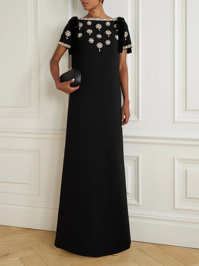 CAROLINA HERRERA Embellished velvet-trimmed crepe gown in Black, photo 2 of 2 from NET-A-PORTER (Canada)