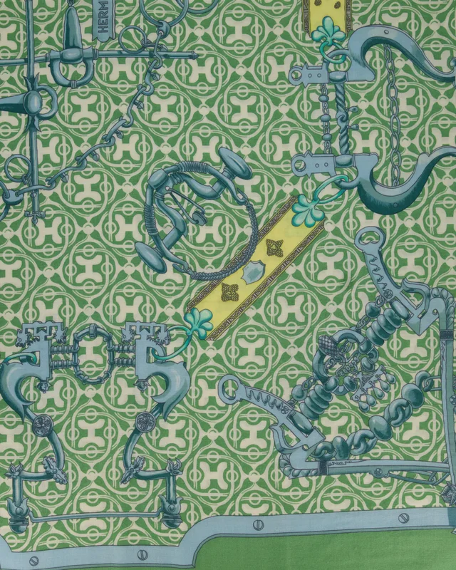 Hermès Green and Blue "Mors et Gourmettes" Cashmere and Silk Shawl in Blue Silk from Sellier, photo 2 of 4