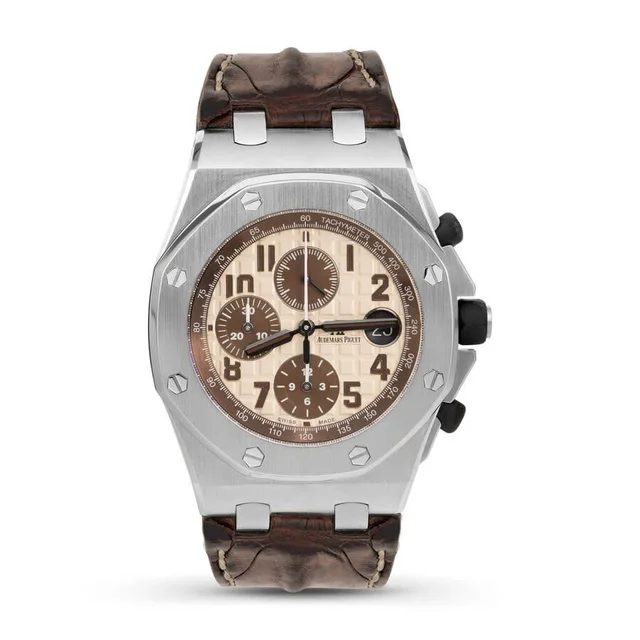 Audemars Piguet Royal Oak Offshore Chronograph Ivory Mega Tapisserie Dial Mens Watch 26470ST.OO.A801CR.01 in brown|white|silver|gray|red Crocodile from Jomashop.com