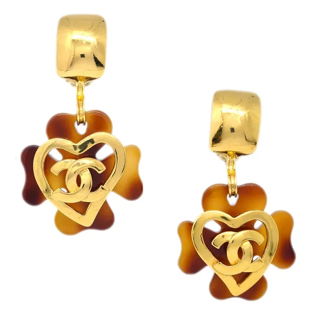 Chanel Clover Dangle Earrings Gold Clip-On 95P in Gold Resin from AMORE Vintage Tokyo