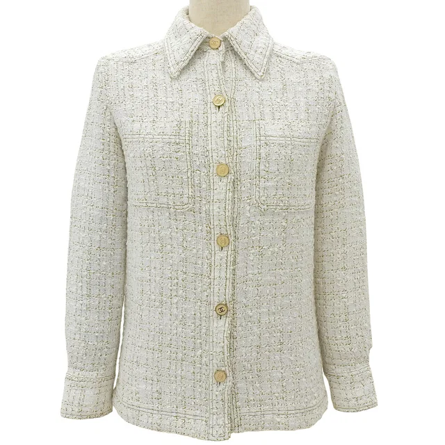 Chanel 2011 Tweed CC Mark Button Jacket #34 Ivory/Beige in White Tweed from VINTAGE QOO TOKYO