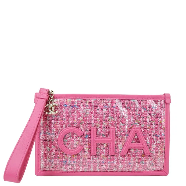 Chanel Logo Small Quilted Tweed PVC Clutch Pink from Dallas Designer Handbags