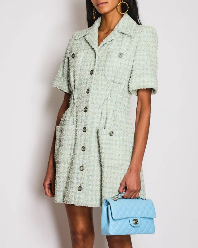 Chanel 20/P Pastel Green Short Sleeve Tweed Button Down Midi Dress Size FR 36 (UK 8) in Green Tweed from Sellier
