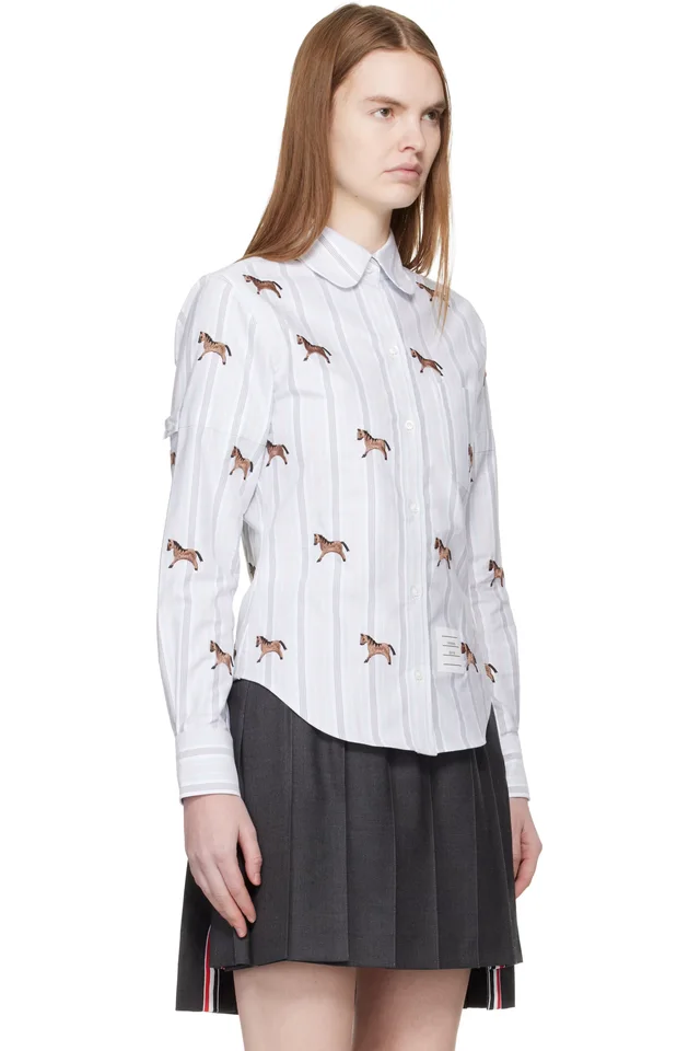 Thom Browne Blue Horse 4-Bar Cropped Oxford Shirt, photo 2 of 4 from SSENSE