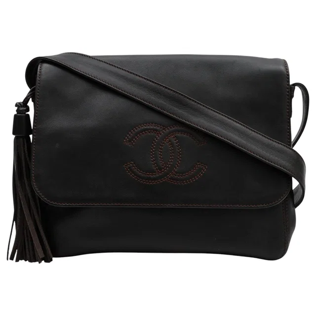Chanel 1998 Vintage CC Mark Stitch Tassel Shoulder Bag Dark Brown in Brown Lambskin from VINTAGE QOO TOKYO