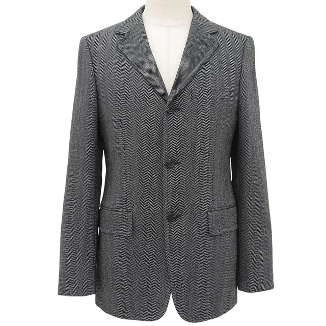 Gucci Wool Herringbone Pattern Logo Button Tailored Jacket #46 Gray in Grey Wool from VINTAGE QOO TOKYO