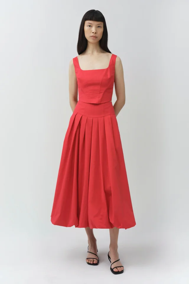 SIMKHAI Winsor Cotton Midi Skirt in Scarlet Cotton Poplin, photo 2 of 6 from SIMKHAI