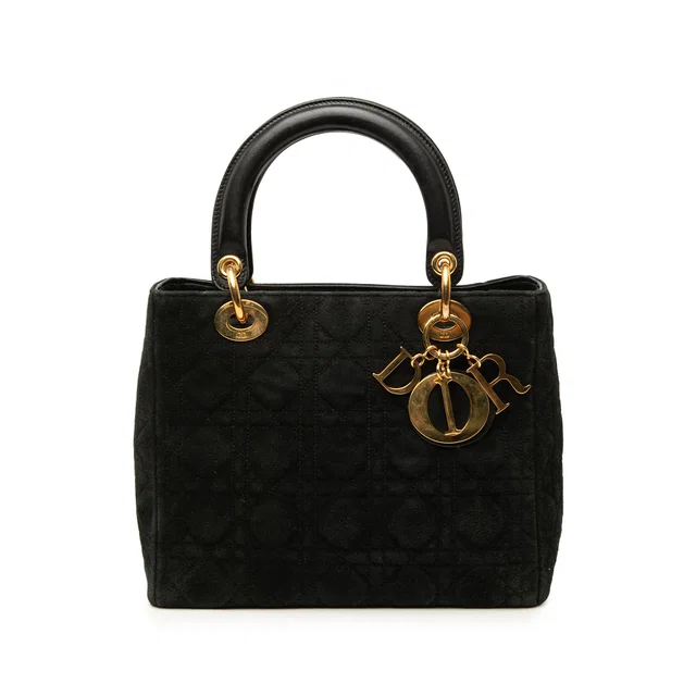 Black Dior Medium Suede Cannage Lady Dior Satchel in Black Suede from Designer Revival