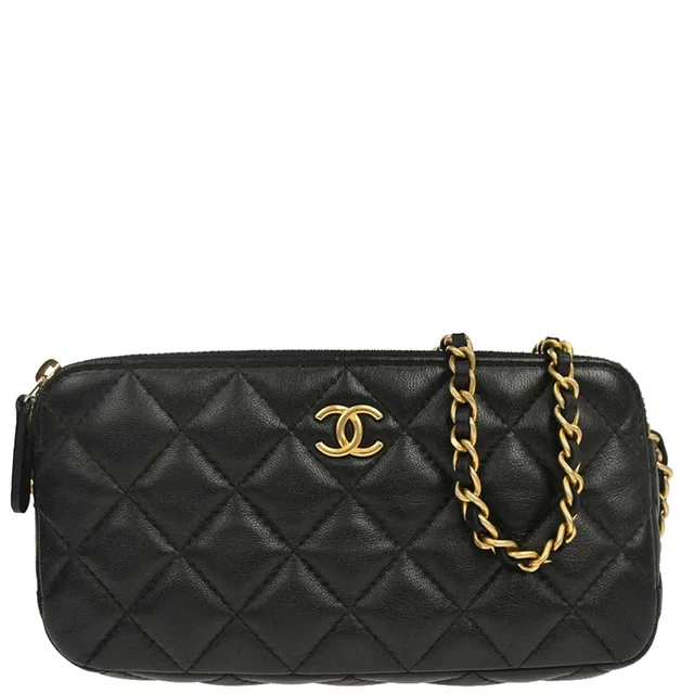 Chanel 2019 Black Lambskin Double Zip Chain WOC Shoulder Bag in Black Lambskin from AMORE Vintage Tokyo