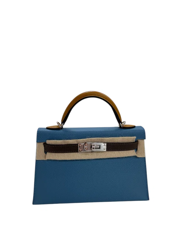 Hermès Kelly 20 toricolor Blue jean/Ecorce/Sesami Epsom PHW #W in Blue Epsom leather from Luxury Promise