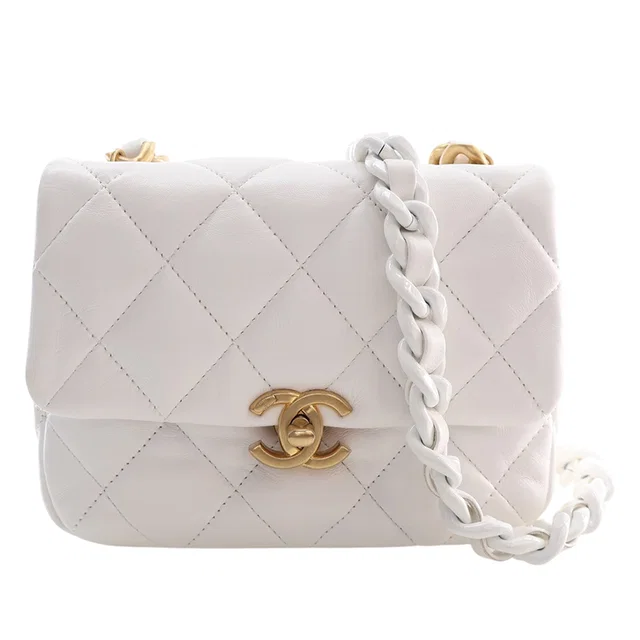 White Chanel Mini Quilted Lambskin Candy Chain Flap Crossbody Bag in White Lambskin from Designer Revival