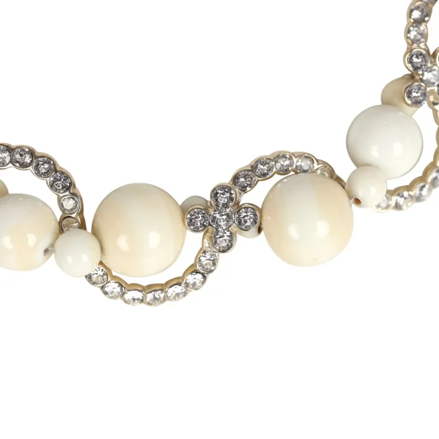 Chanel CC Faux Crystal Beaded Choker Necklace Beige and White Light Gold Tone Hardware in White from Madison Avenue Couture, photo 2 of 6