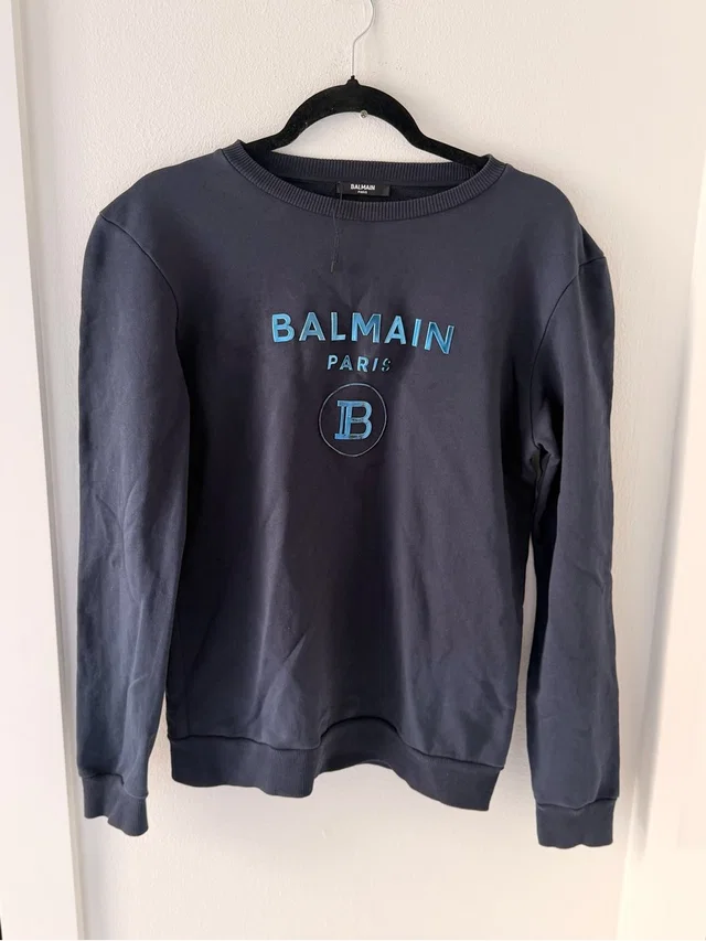 Balmain Paris Sweater Navy Blue Raised Logo Crew Neck Jumper Men's Size Small 16 in blue from Poshmark