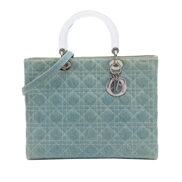 Blue Dior Large Denim Cannage Acrylic Handles Lady Dior Satchel in Blue Denim from Designer Revival