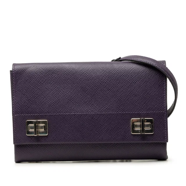 Purple Prada Saffiano Cuir Twist Lock Chain Flap Crossbody Bag in Purple Saffiano leather from Designer Revival