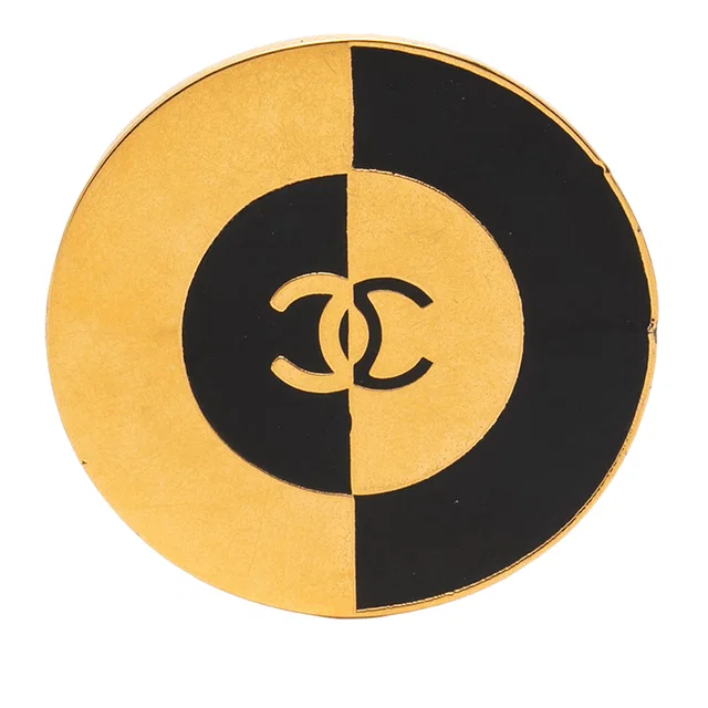 Gold Chanel CC Gold Plated and Enamel Round Brooch in Gold from Designer Revival