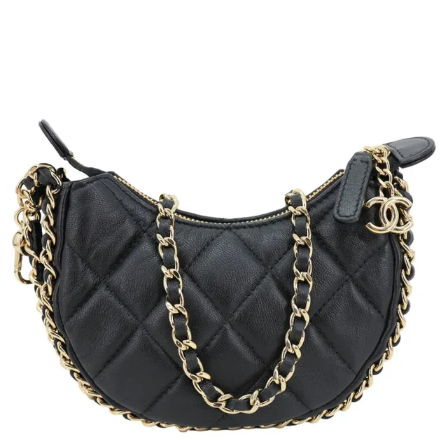 Chanel Chain Around Mini Quilted Lambskin Leather Hobo Bag Black in Black Lambskin from Dallas Designer Handbags