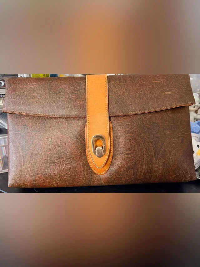 Etro Vintage Brown Paisley Leather Envelope Clutch With Tan Strap With Coa B54 in brown|red|neutral Leather from Poshmark