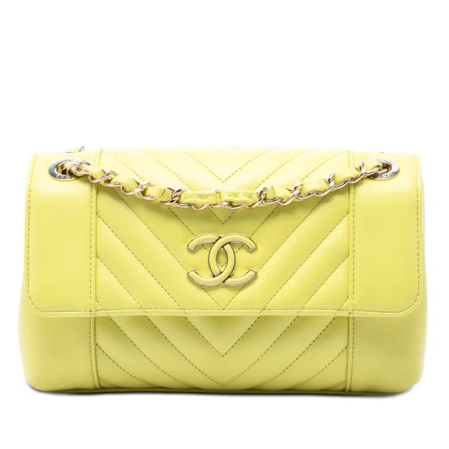 Yellow Chanel Small Quilted Calfskin Daily Chevron Flap Crossbody Bag in Yellow Calfskin from Designer Revival