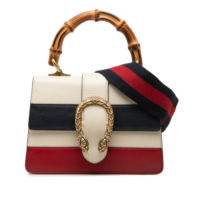 White Gucci Mini Calfskin Bamboo Dionysus Web Satchel in White Calfskin from Designer Revival