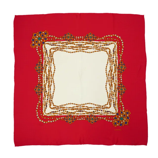 Chanel Vintage Jewelry Pattern Scarf Red Silk in Red Silk from Luxury Promise