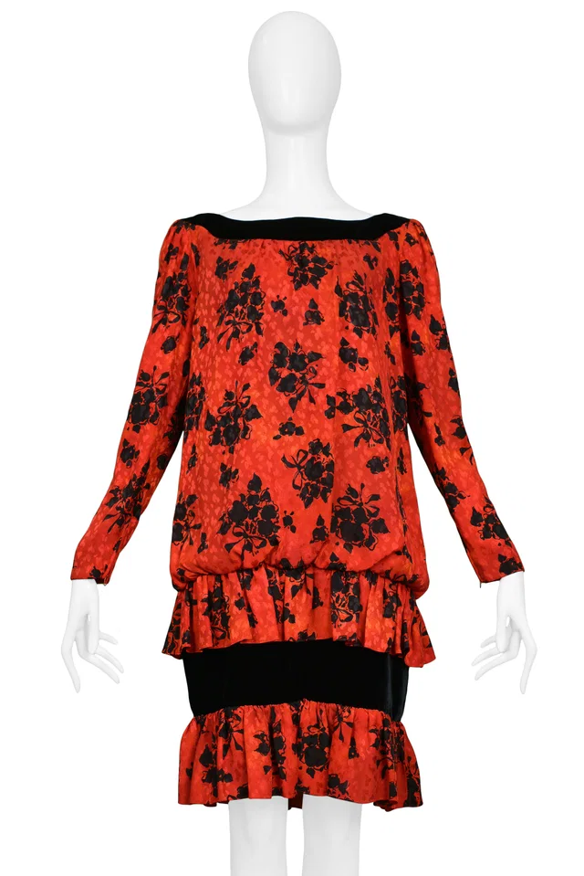 Saint Laurent RED & BLACK FLORAL PRINT DROP DRESS 1980s in Black Velvet from Resurrection Vintage