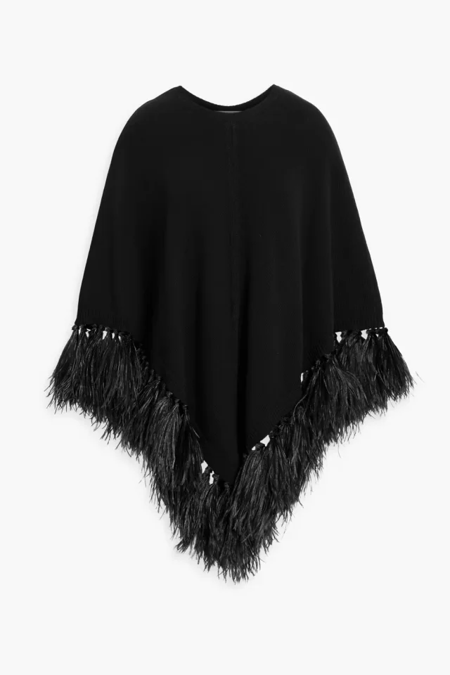Valentino Garavani Feather-Trimmed Wool and Cashmere-Blend Poncho in Black, photo 5 of 8 from THE OUTNET