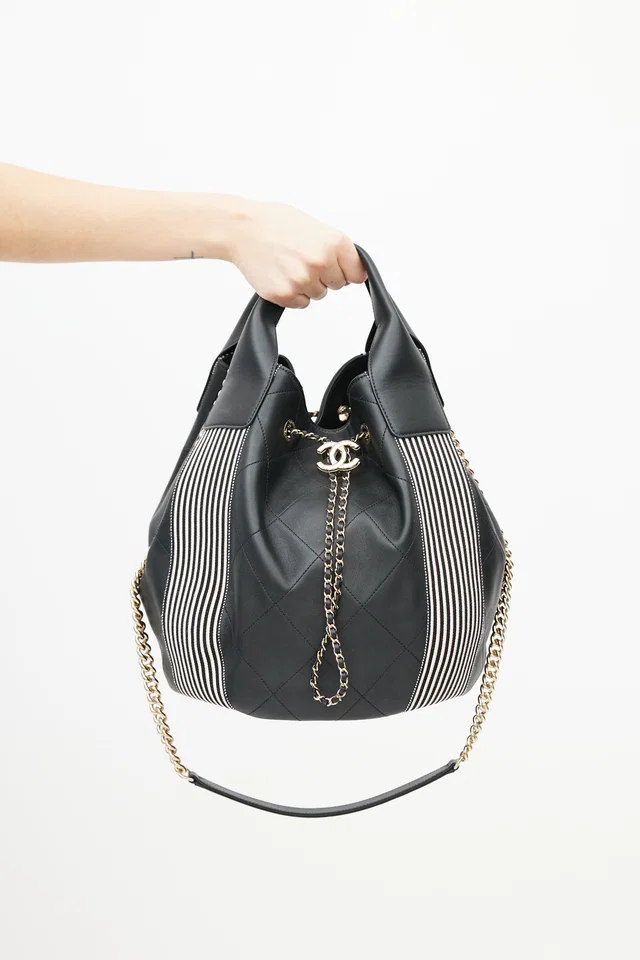 Chanel 2019 Black & White Stitched Drawstring Leather Bag in Black Leather from VSP Consignment