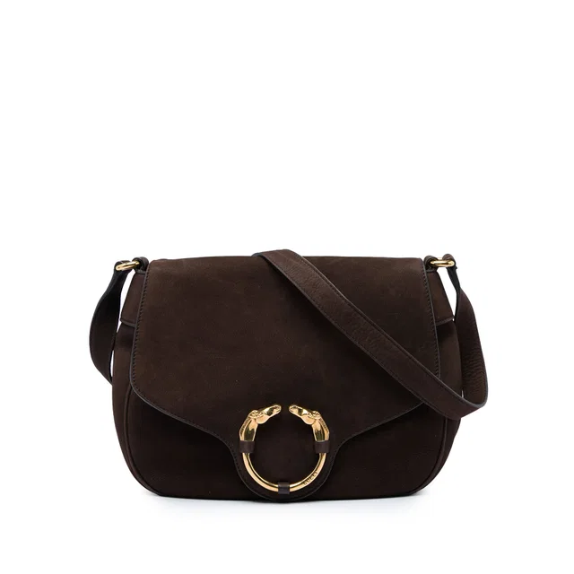 Brown Gucci Nubuck Ribot Horse Head Flap Crossbody Bag in Brown Suede from Designer Revival