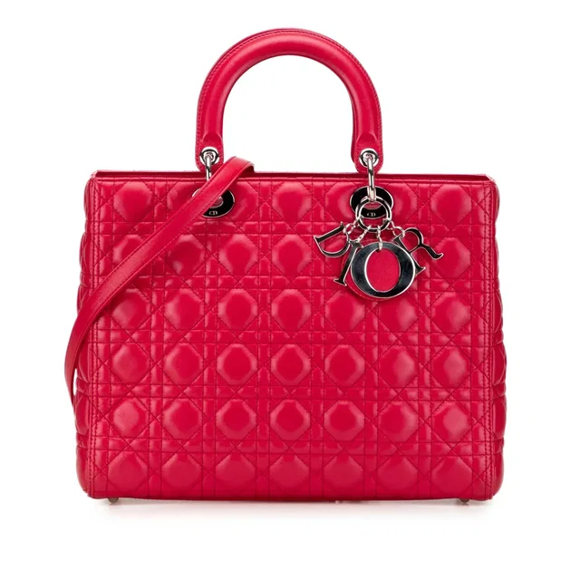 Red Dior Large Lambskin Cannage Lady Dior Satchel in Red Lambskin from Designer Revival