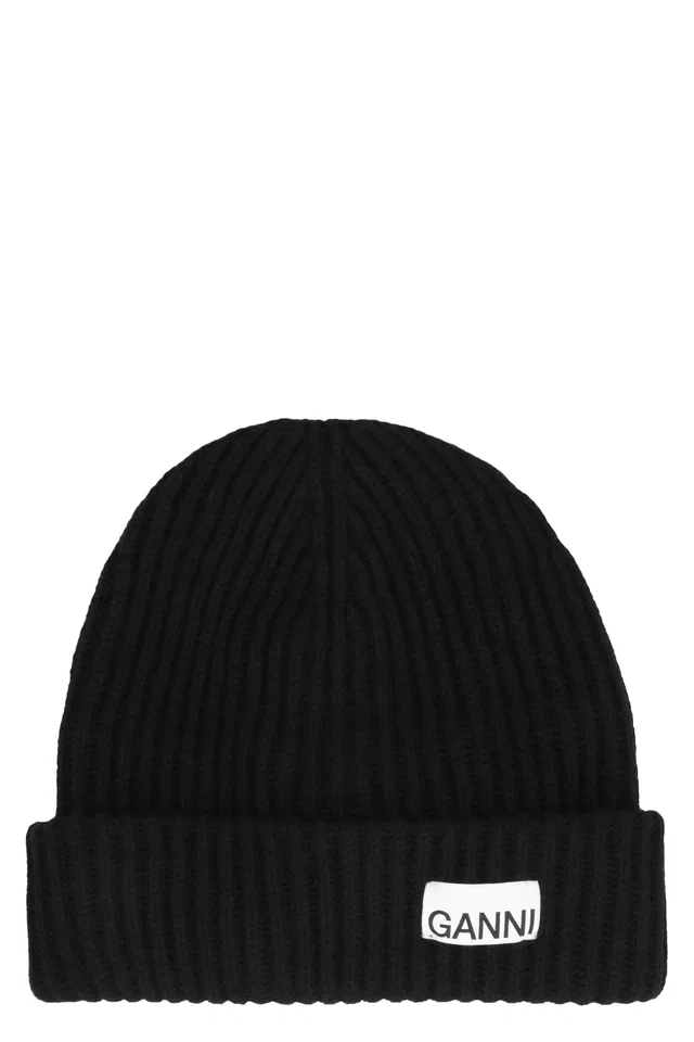 GANNI A4429 Ribbed Wool Knit Beanie — Black Beanies in Black Wool from HEWI