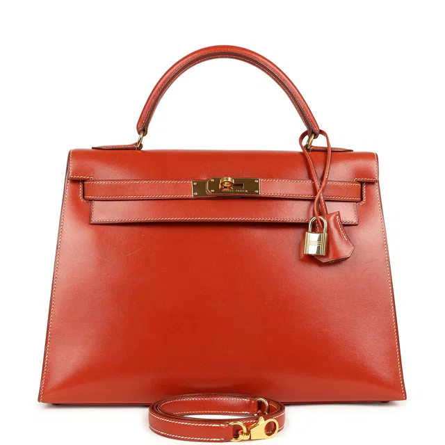 Hermès Vintage Kelly Sellier 32 Brique Box Gold Hardware in Calfskin from Madison Avenue Couture