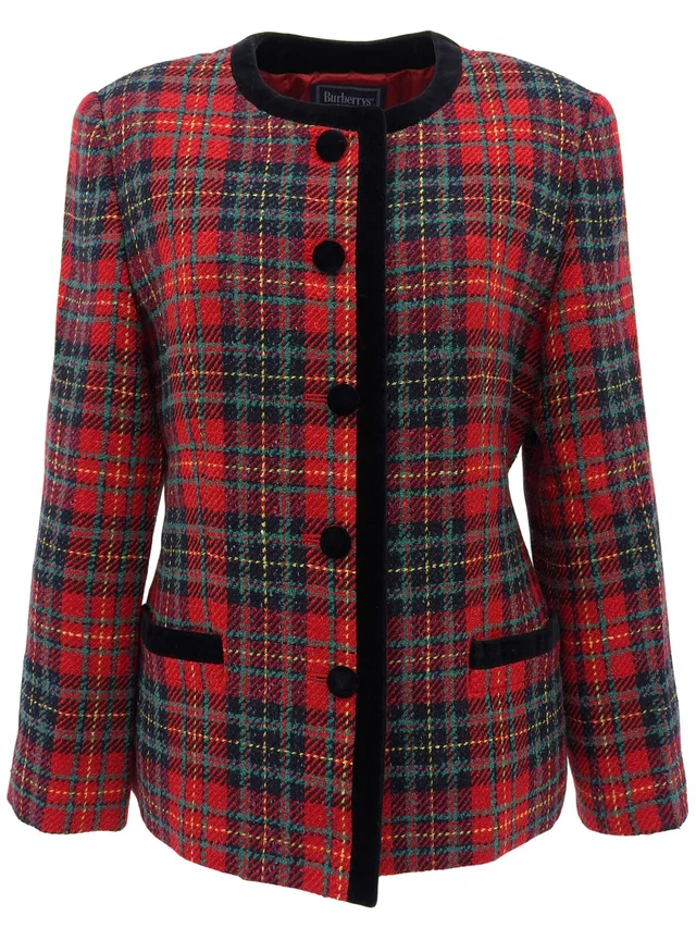 Burberry Checked Pattern Collarless Jacket #9 Red/Multi in Red Nylon from VINTAGE QOO TOKYO