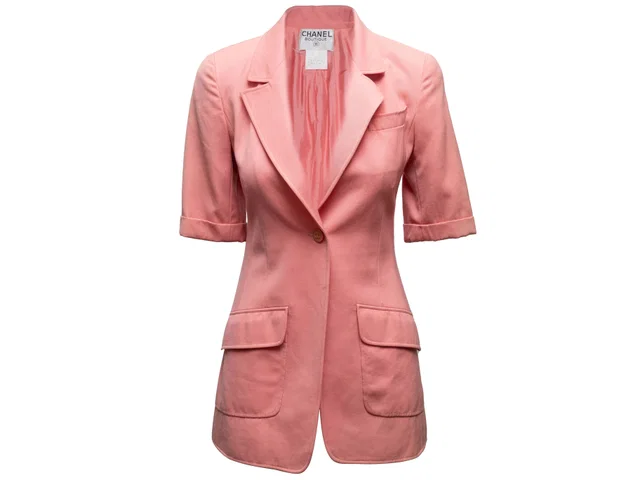Vintage Pink Chanel Boutique Short Sleeve Longline Blazer Size FR 38 in Pink from Designer Revival