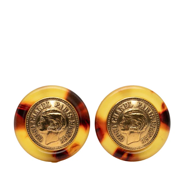 Gold Chanel Gold Plated Tortoise Shell Coin Clip On Earrings in Gold from Designer Revival