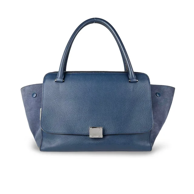 Celine 2013 Blue Drummed Calfskin & Suede Double Zip SHW Trapeze Bag in Blue Leather & Suede from Designer Archives