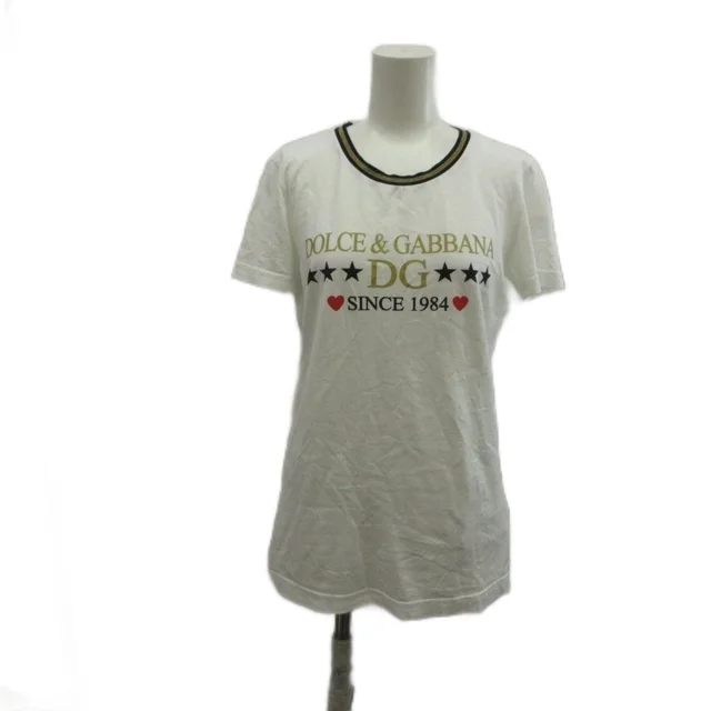 Dolce & Gabbana And & Top T-Shirt Silk 38 White Logo Print Heart Short Sleeve KK in White Silk from The Reluxe