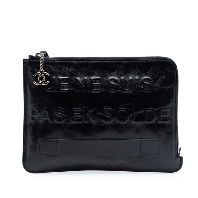 Black Chanel Distressed Calfskin Je Ne Suis Pas En Solde Clutch in Black Calfskin from Designer Revival
