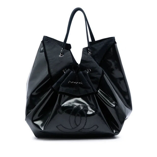 Black Chanel Large Patent Stretch Spirit Cabas Tote in Black Patent leather from Designer Revival