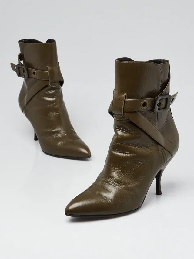 Bottega Veneta Dark Green Leather Pointed Toe Ankle Booties Size 6.5/37 in Green Leather from Yoogis