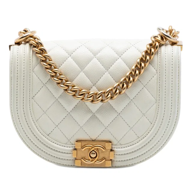 White Chanel Mini Quilted Caviar Boy Messenger Bag in White Caviar leather from Designer Revival