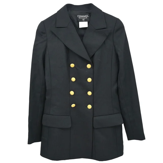Chanel 1996 Double Breasted Jacket Black #38 in Black Wool from AMORE Vintage Tokyo