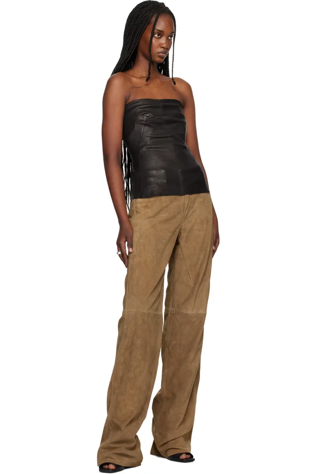 Rick Owens Tan Temple Geth Suede Pants, photo 4 of 4 from SSENSE