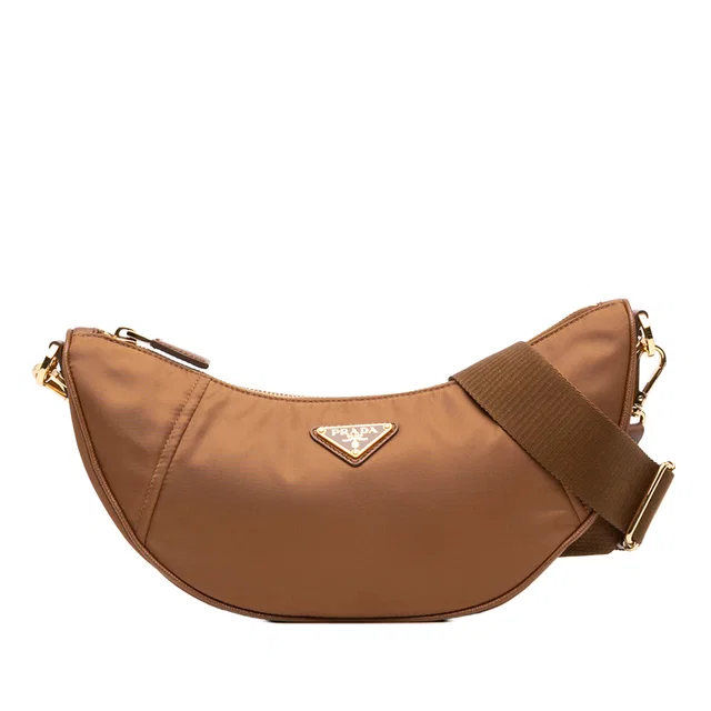 Brown Prada Saffiano Trimmed Re Nylon Demi Lune Satchel in Brown Saffiano leather from Designer Revival