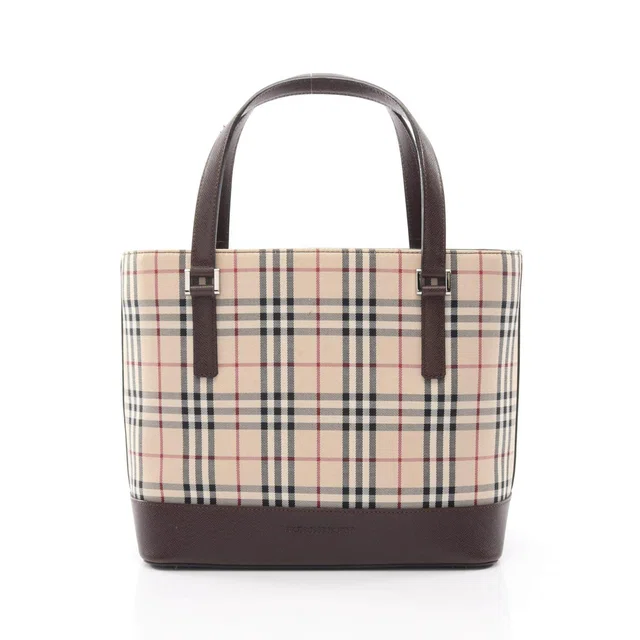 Burberry Check Canvas Leather Handbag in Beige Canvas from LuxUness