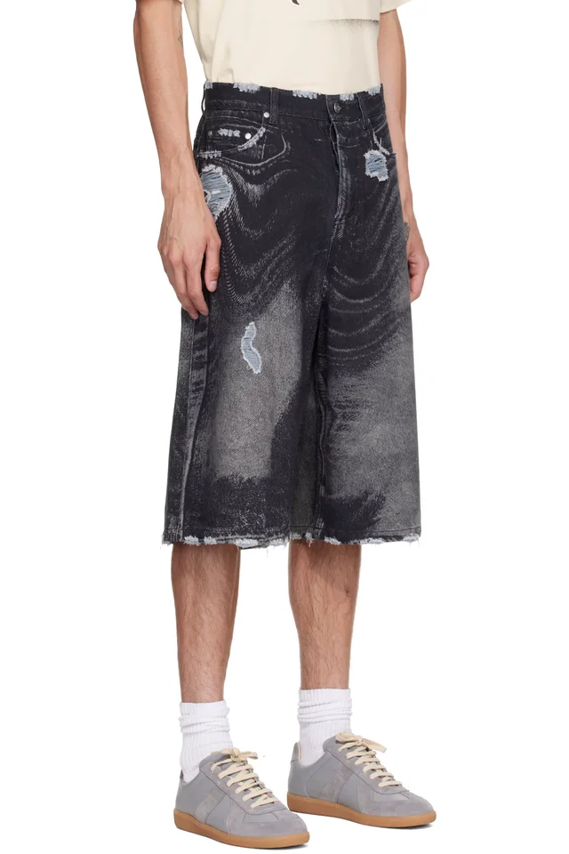CAMPERLAB Black Distorted Print Distressed Denim Shorts, photo 2 of 4 from SSENSE