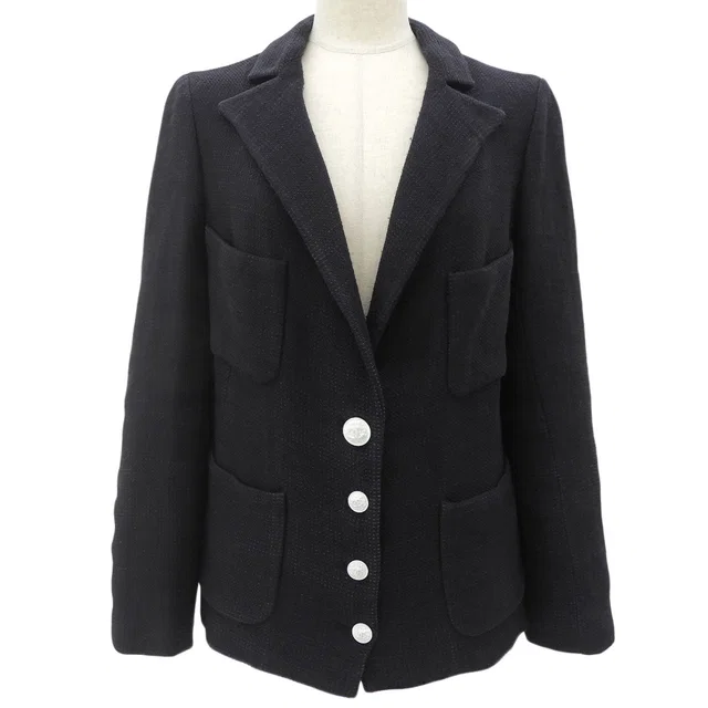 2007 Chanel button jacket, size 36, black in Black Silk from VINTAGE QOO TOKYO